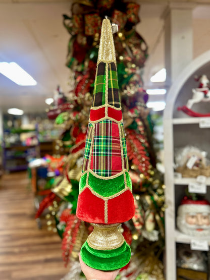 28 Inch Plaid Red And Green Cone Topiary