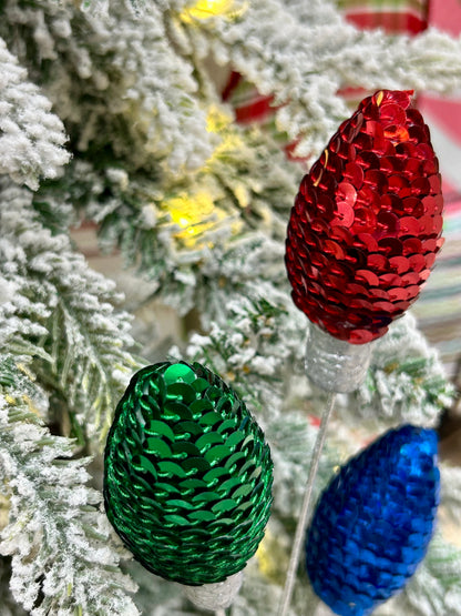 11 Inch Red Emerald Green And Royal Blue Styrofoam Sequin Light Bulb Pick