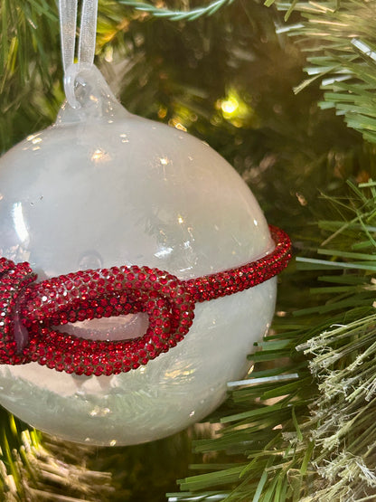 4 Inch Pearl White Glass Ball Ornament With Red Diamond Bow