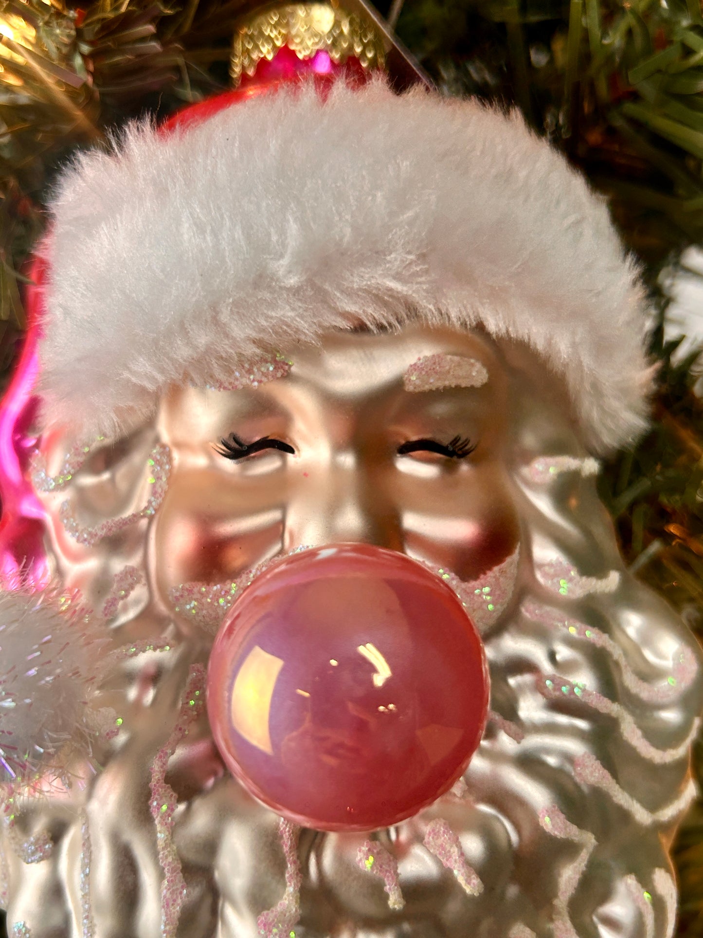 6 Inch Pink Bubblegum Glass Santa Ornament
