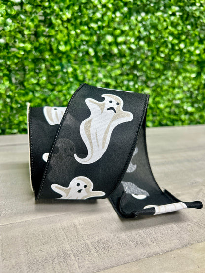 2.5 Inch By 10 Yard Black And White Ghosts Ribbon
