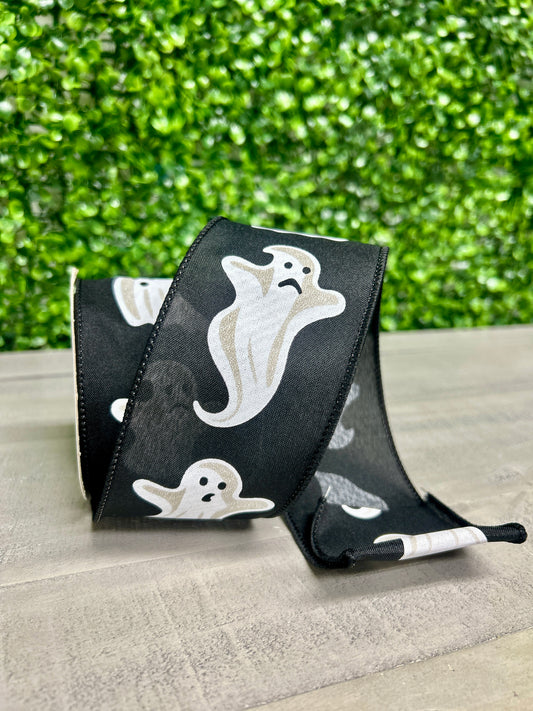 2.5 Inch By 10 Yard Black And White Ghosts Ribbon