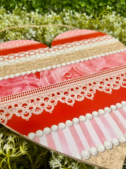 12 Inch Red And Pink Striped Pattern Heart Wood Sign