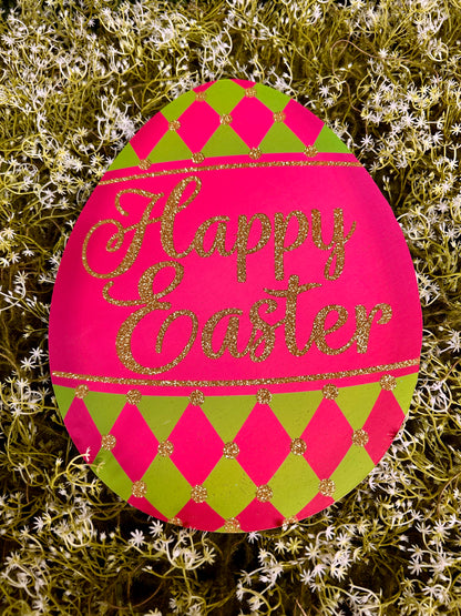 12 Inch Harlequin Easter Egg Glitter Wood Sign