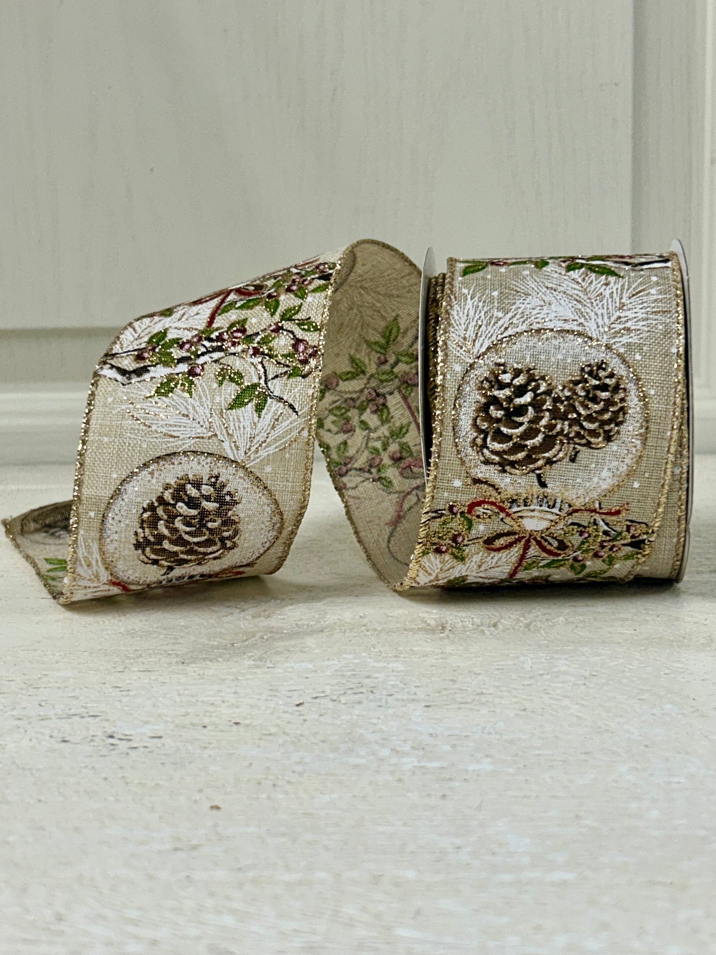 2.5 Inch By 10 Yard Red Berry Branch With Acorn Ornament With Burlap Background And Gold Glitter Edging