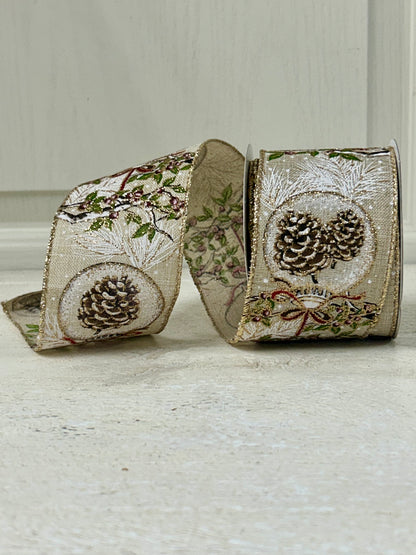 2.5 Inch By 10 Yard Red Berry Branch With Acorn Ornament With Burlap Background And Gold Glitter Edging