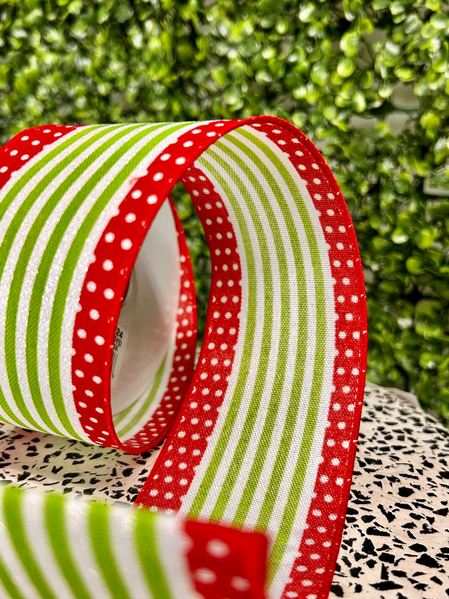 2.5 Inch By 10 Yard Red And Lime Green Vertical Stripe Polka Dot Edge Ribbon