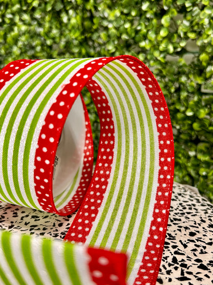 2.5 Inch By 10 Yard Red And Lime Green Vertical Stripe Polka Dot Edge Ribbon