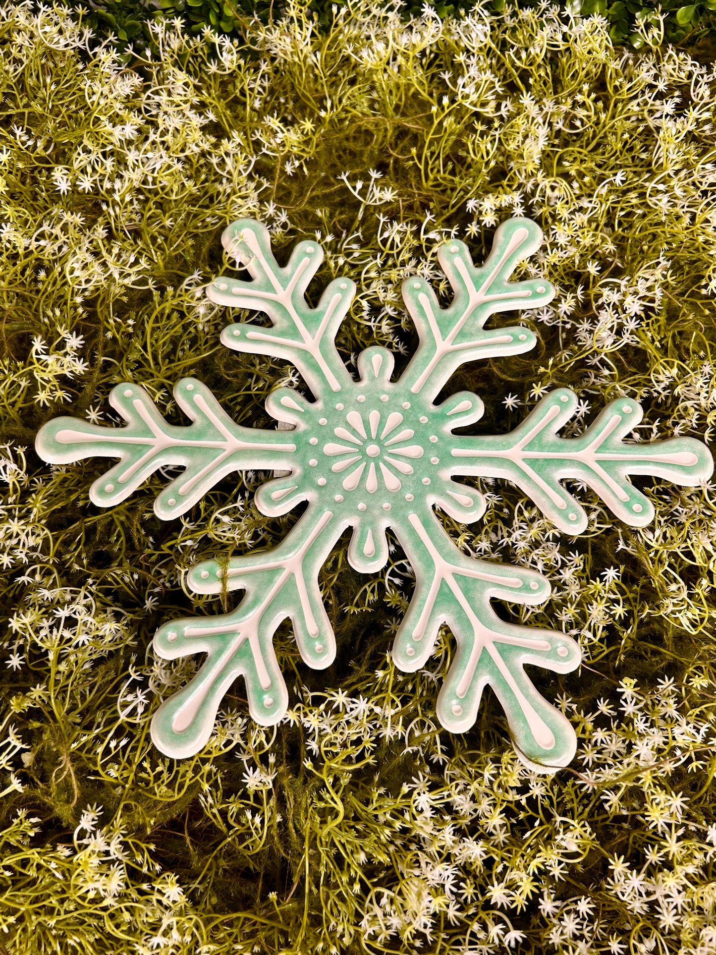 12 Inch Mint Green And White Metal Embossed Snowflake Sign