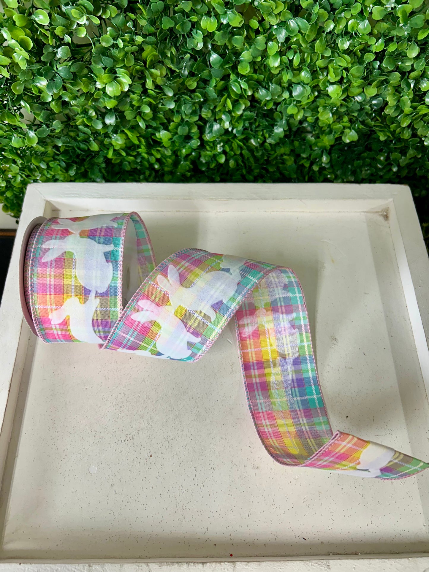 2.5 Inch By 10 Yard Pastel Kennedy Plaid With Flocked White Bunnies Ribbon