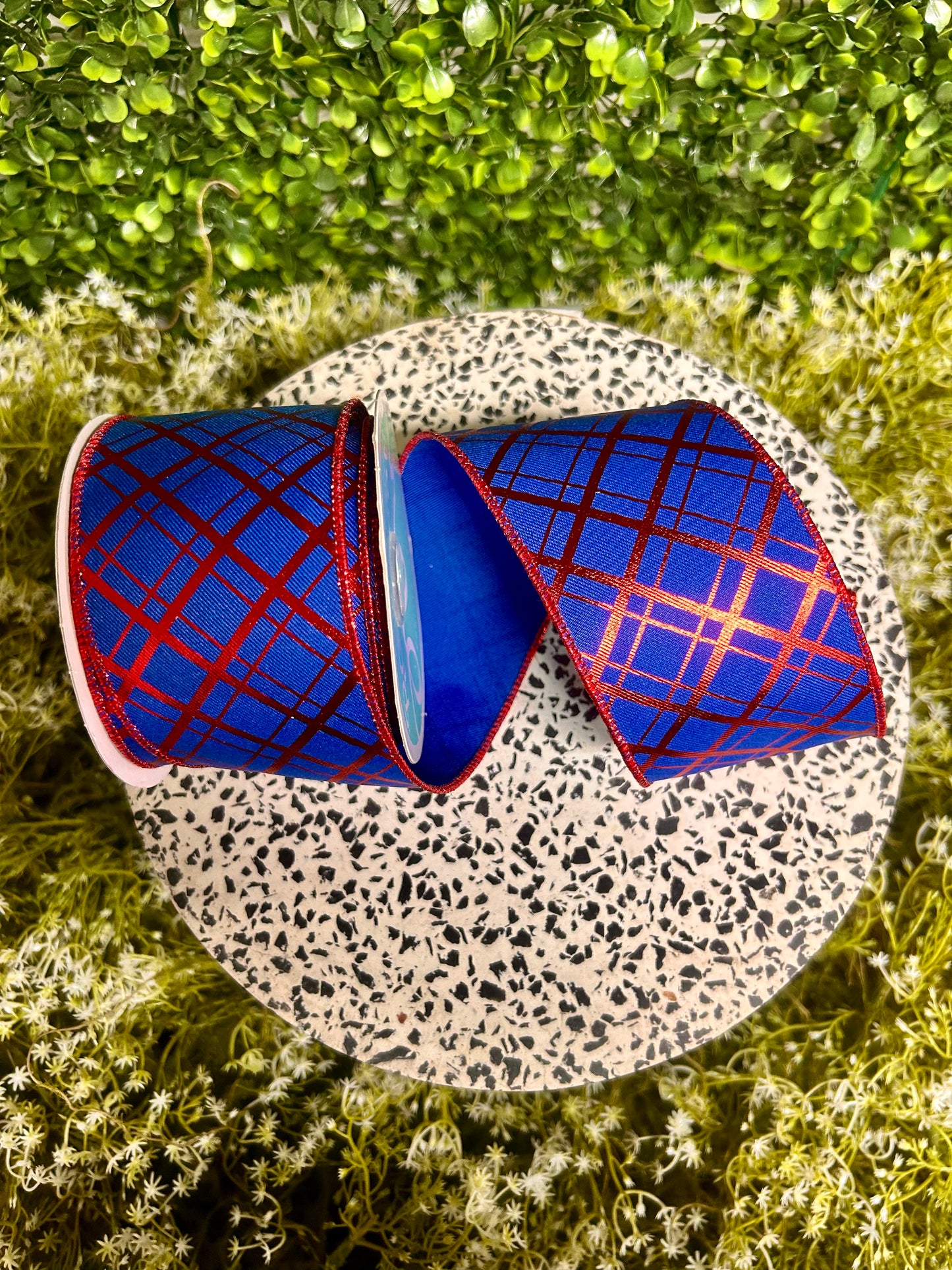 2.5 Inch By 10 Yard Red And Royal Blue Metallic Thick And Thin Diagonal Plaid Ribbon