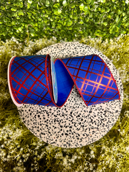 2.5 Inch By 10 Yard Red And Royal Blue Metallic Thick And Thin Diagonal Plaid Ribbon