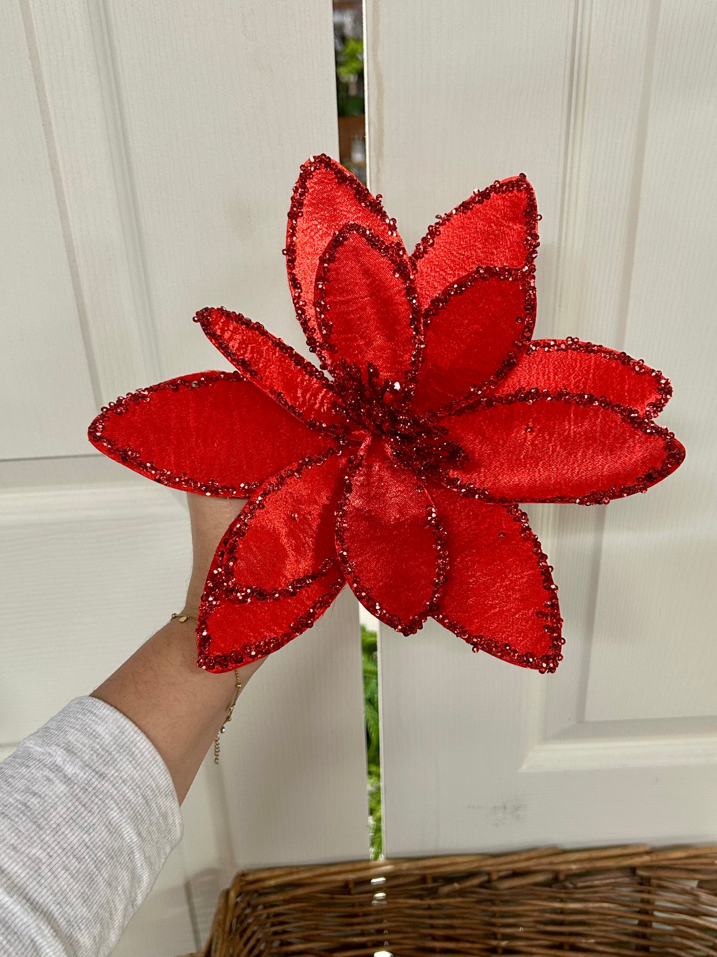 20 Inch Red Satin Glitter Poinsettia
