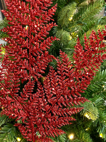 32 Inch Red Shimmery Glitter Fern Spray