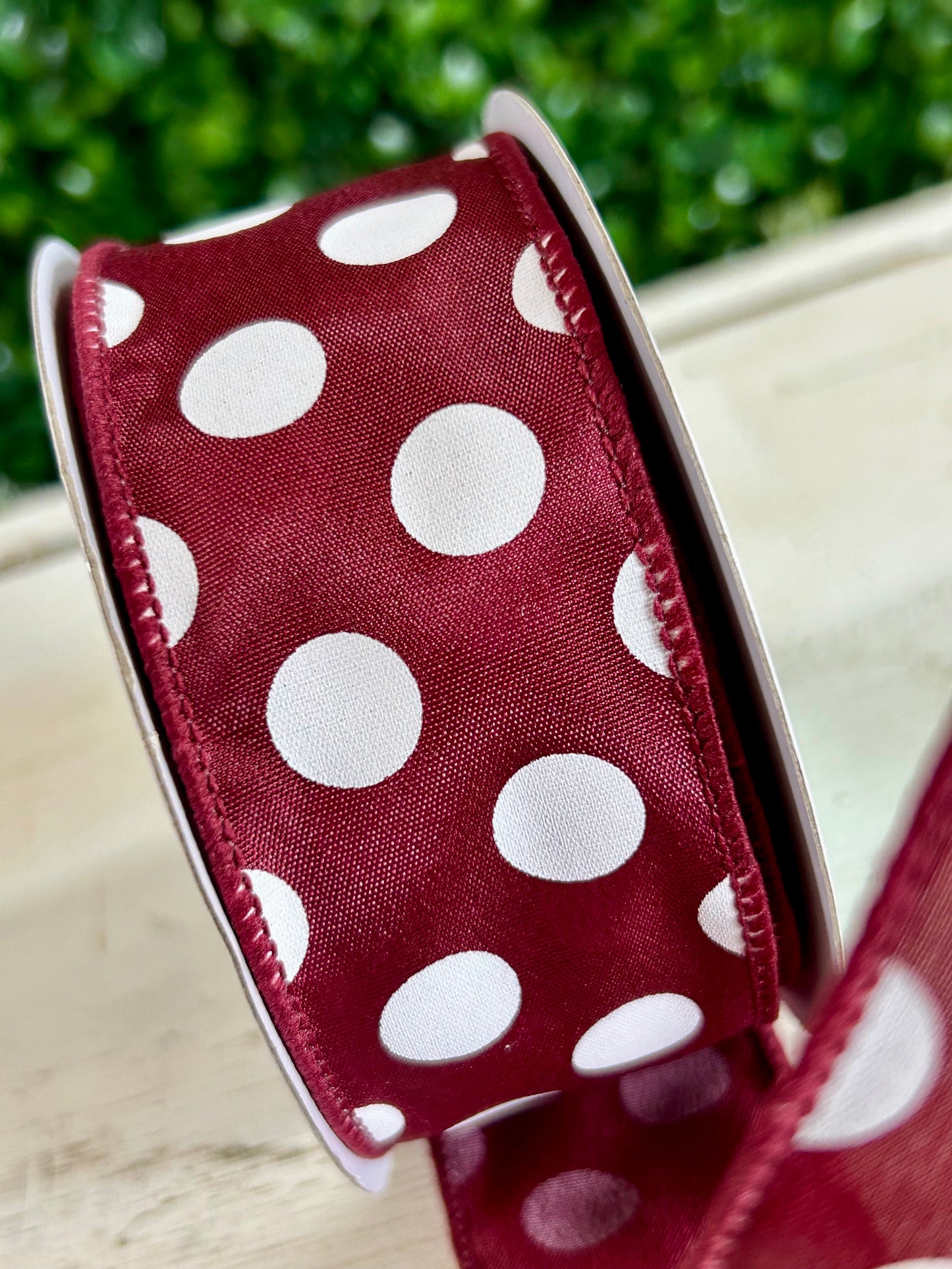 1.5 Inch By 10 Yards Maroon And White Polka Dots Ribbon