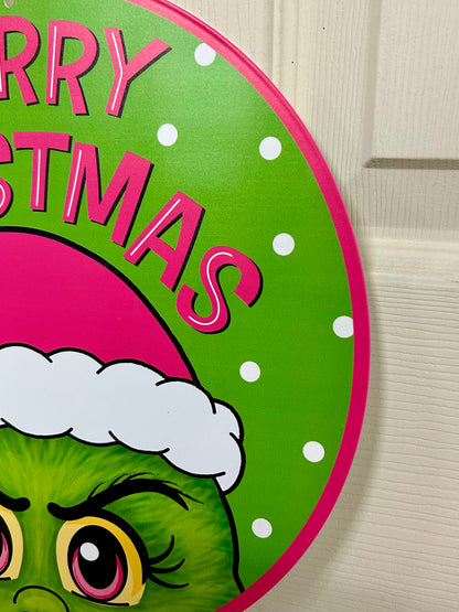12 Inch Lime And Pink Merry Christmas Green Monster Metal Sign