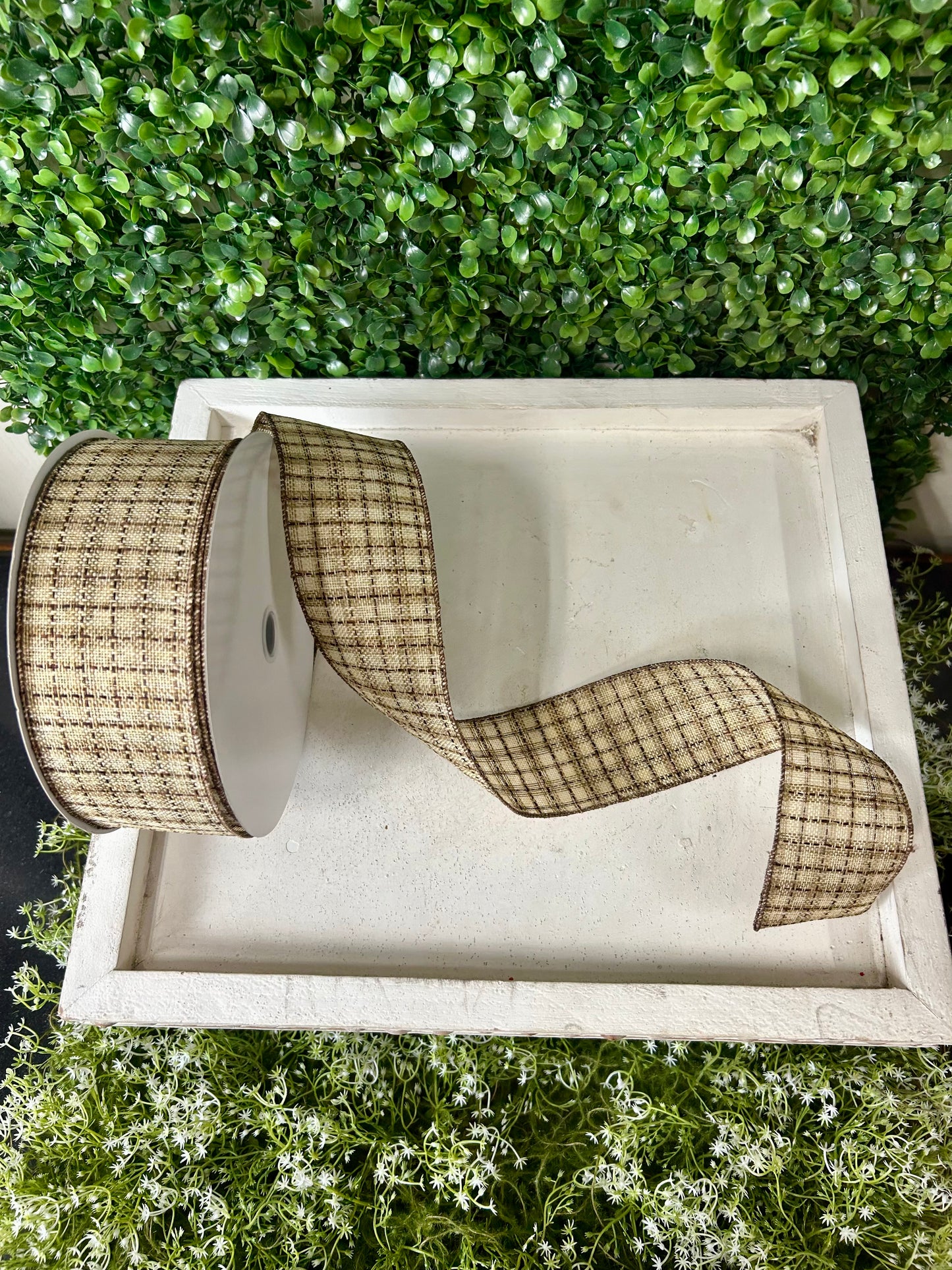 2.5 Inch By 50 Yard Cream Natural And Brown Woven Check Ribbon