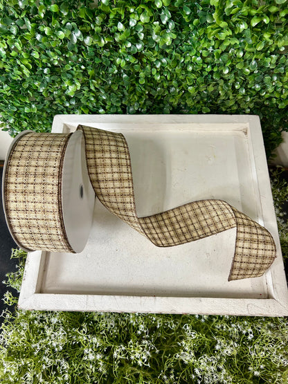 2.5 Inch By 50 Yard Cream Natural And Brown Woven Check Ribbon