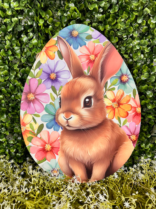12 Inch Bunny With Flowers Egg Shaped Wood Sign