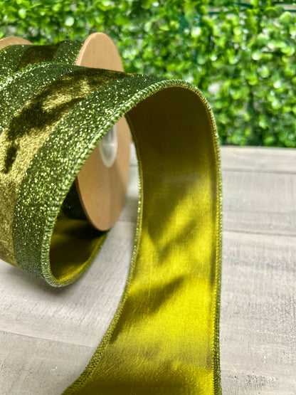 2.5 Inch By 10 Yard Dark Green With Glitter Velvet Stripe Ribbon