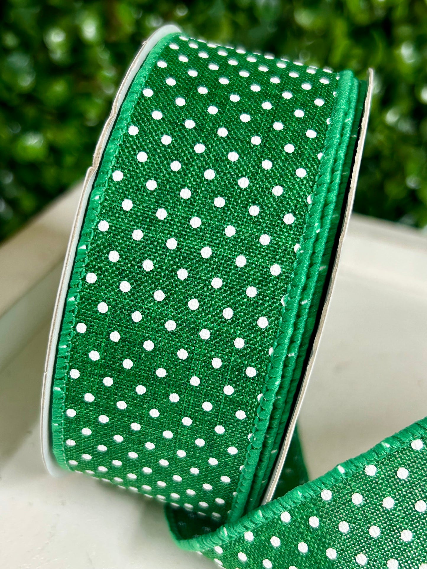 1.5 Inch By 10 Yard Emerald Green And White Raised Swiss Dots On Royal Ribbon