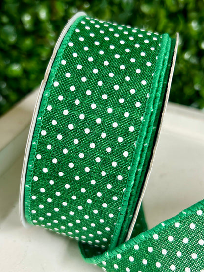 1.5 Inch By 10 Yard Emerald Green And White Raised Swiss Dots On Royal Ribbon