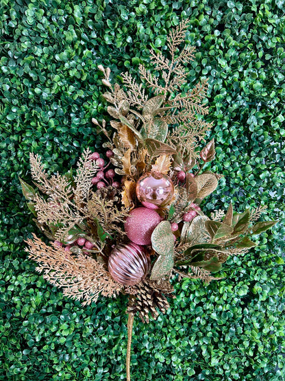 32 Inch Champagne And Pink Glitter Leaf Berry And Cone Spray