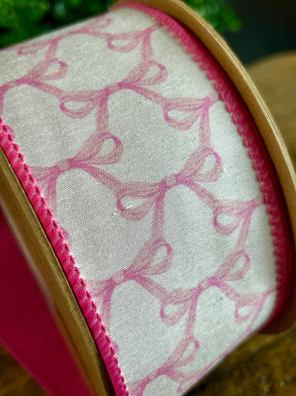 2.5 Inch By 10 Yard Pink Bows On White Dupioni Ribbon