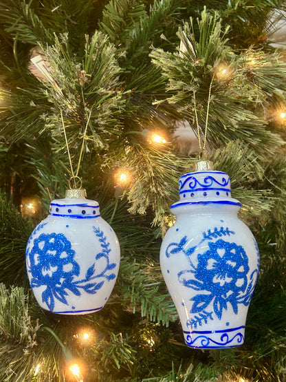 Mark Roberts Blue And White Floral Ginger Jars Glass Ornaments Two Styles
