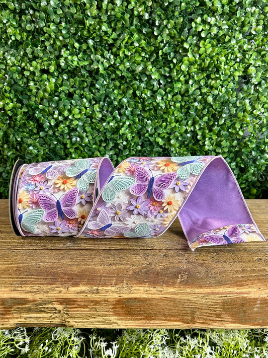 D. Stevens 4 Inch By 10 Yard Lavender Mint And Cream Floral Butterfly Ribbon