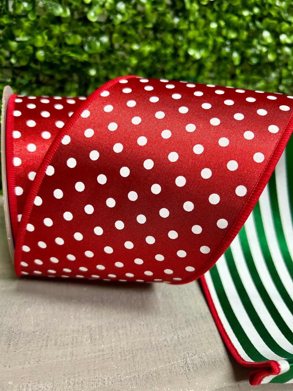 4 Inch By 10 Yard Red And White Polka Dot With Emerald And White Stripe Backing Fused Ribbon