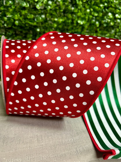 4 Inch By 10 Yard Red And White Polka Dot With Emerald And White Stripe Backing Fused Ribbon