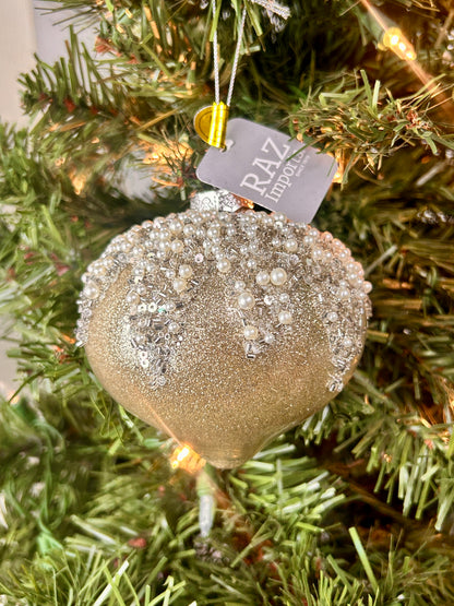 4 Inch Pearl Taupe Frosted Glass Ornament Three Assorted