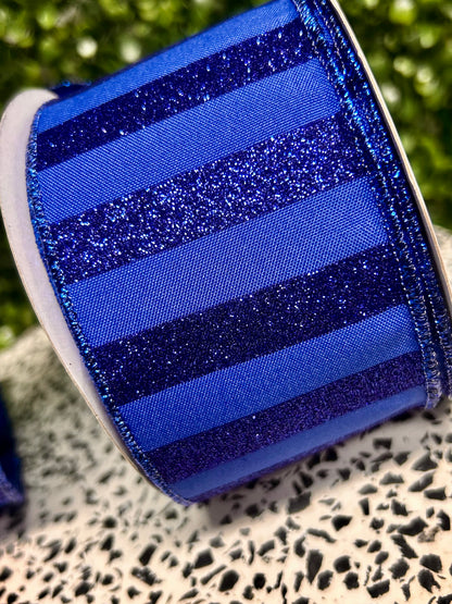 2.5 Inch By 10 Yard Royal Blue Horizontal Glitter Stripes Ribbon