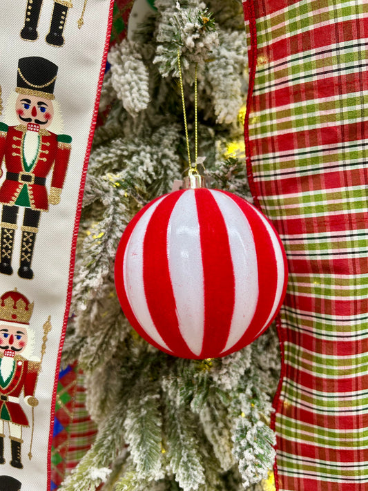 4 Inch Red And White Stripe Ball Ornament