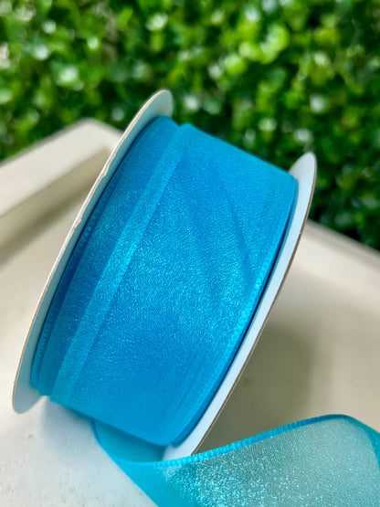 1.5 Inch By 25 Yard Turquoise Snow Organza Unwired Ribbon