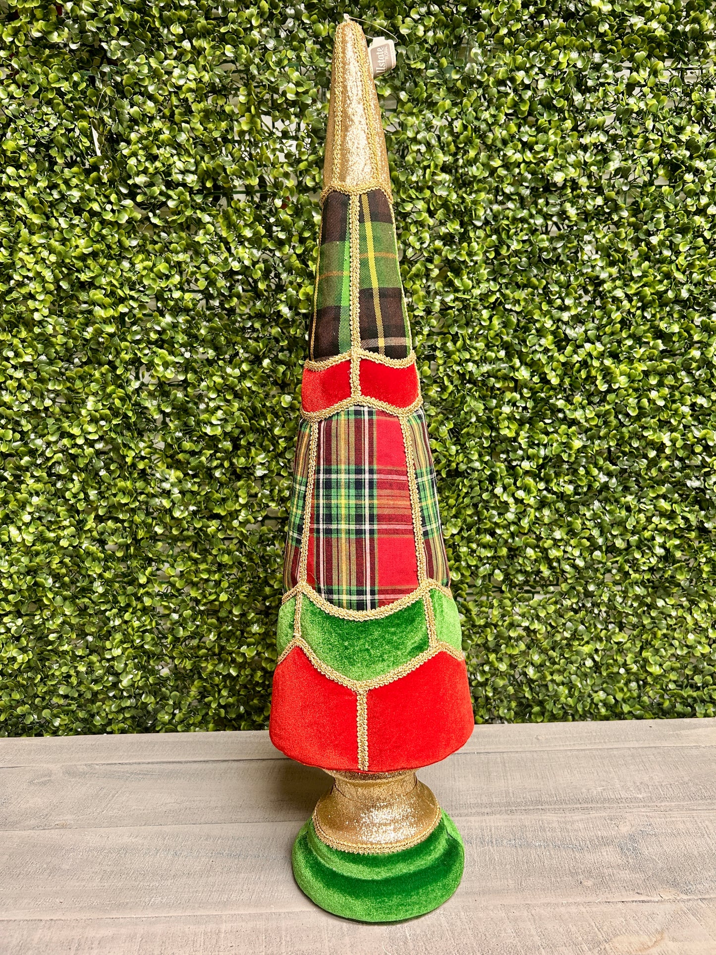 28 Inch Plaid Red And Green Cone Topiary