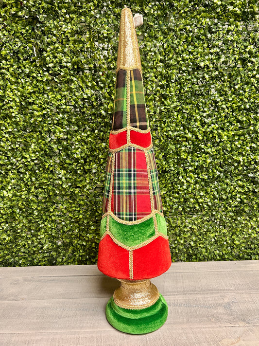 28 Inch Plaid Red And Green Cone Topiary