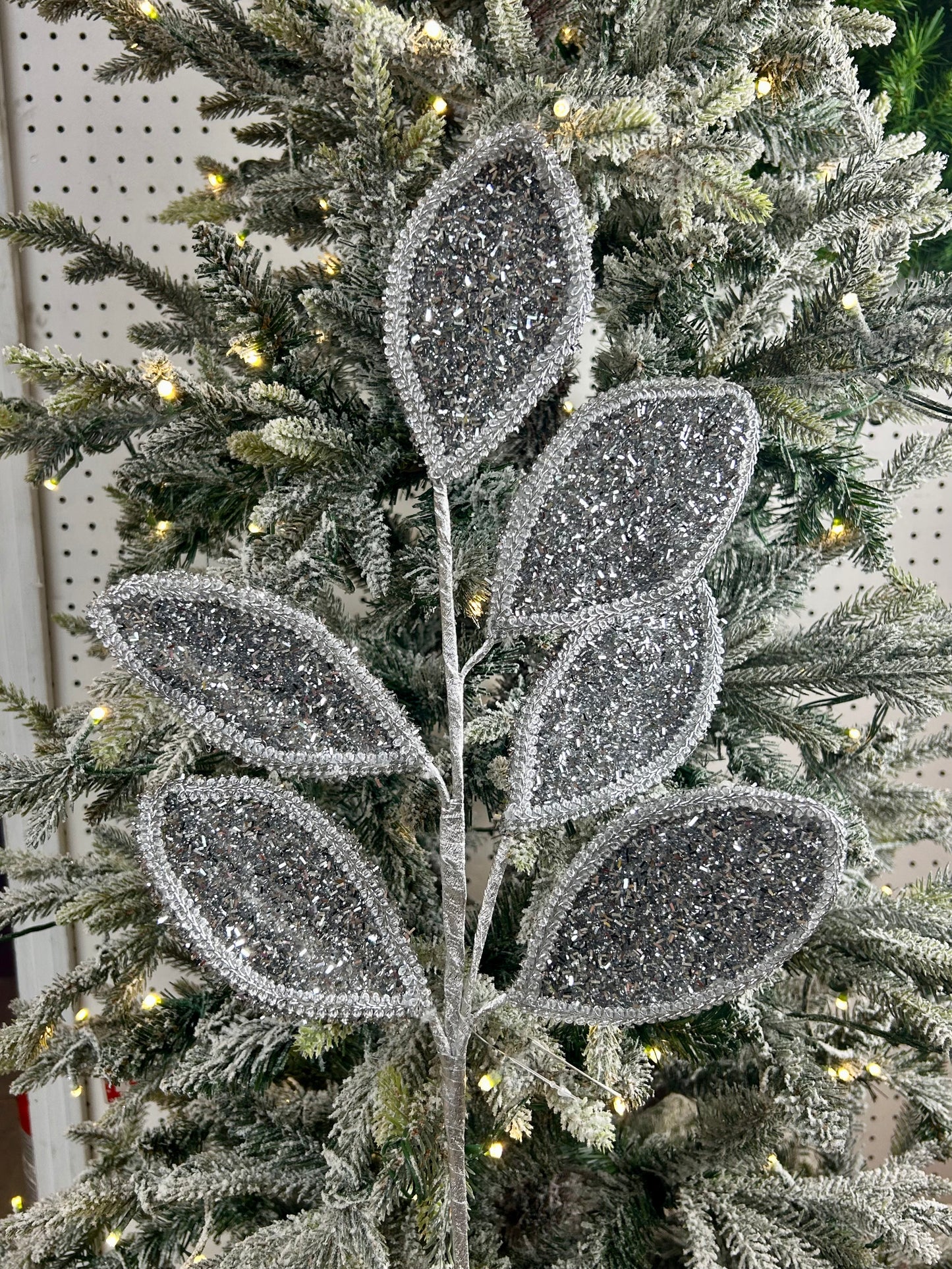 28 Inch Silver Glitter And Lace Leaf Spray