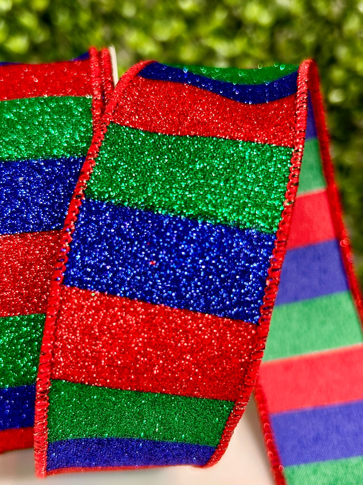 1.5 Inch By 10 Yard Red Emerald And Royal Blue Horizontal Glitter Stripes Ribbon