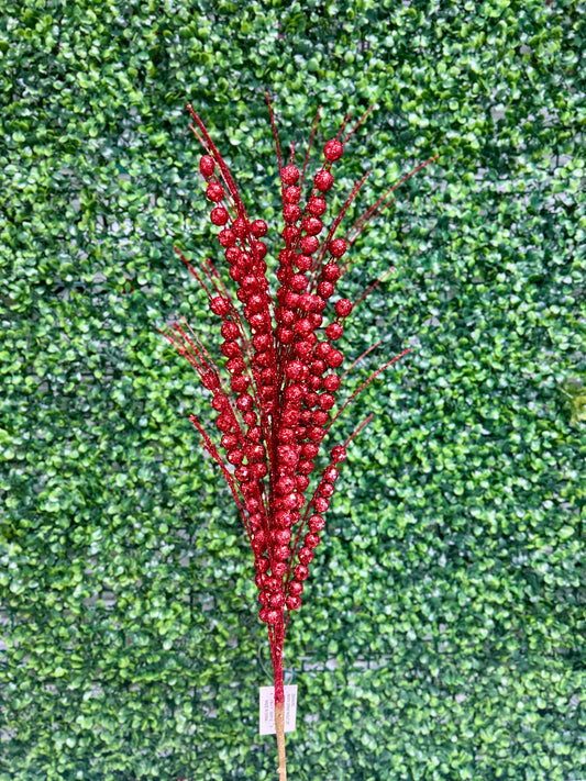 28" Red Glitter Berry Spray