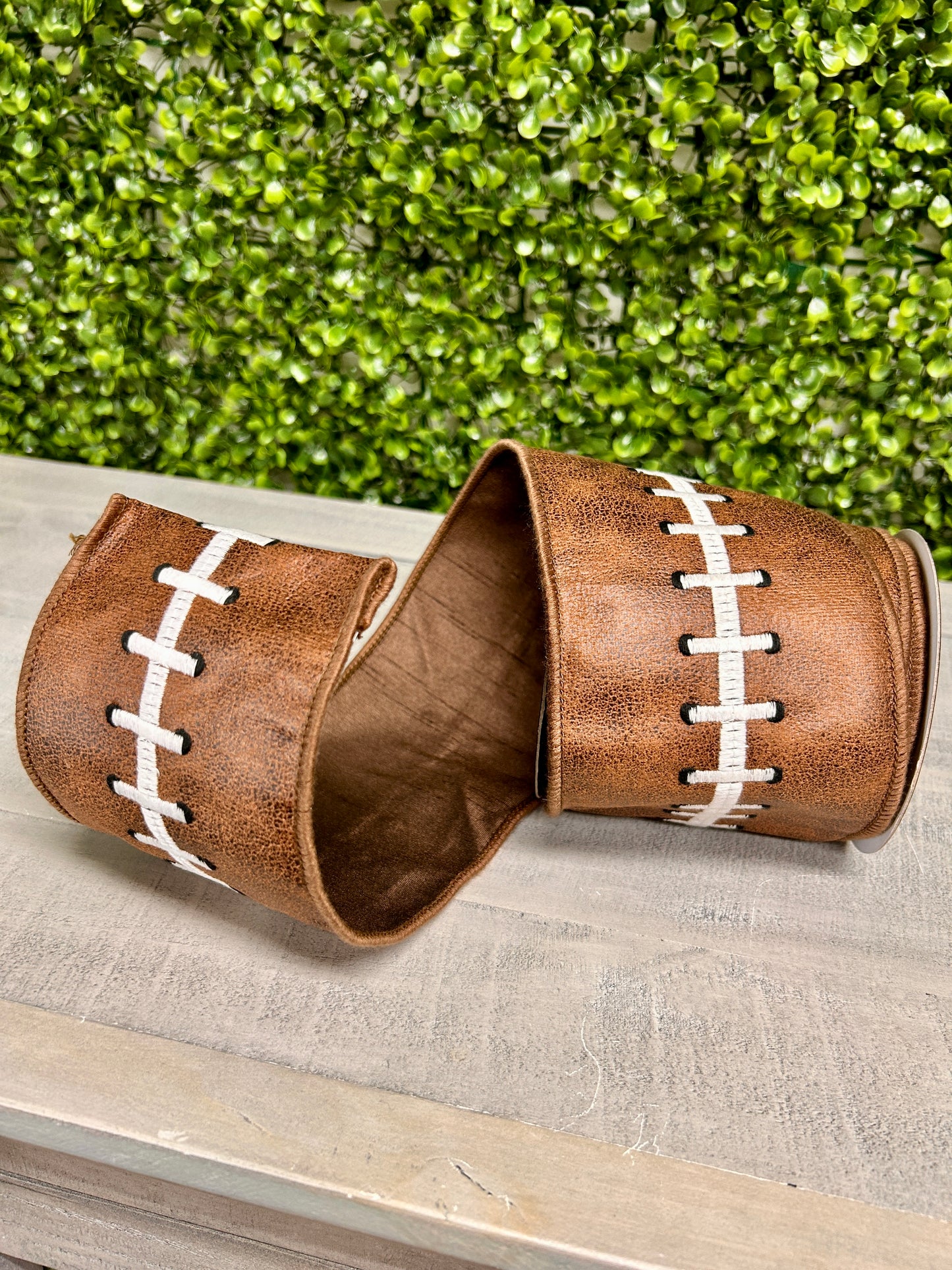 John Mark Enterprises 4 Inch By 5 Yard Embroidered Football Stitch Dupioni Fused Ribbon