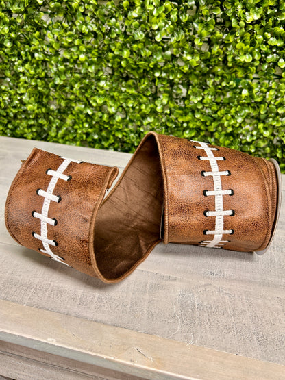 John Mark Enterprises 4 Inch By 5 Yard Embroidered Football Stitch Dupioni Fused Ribbon