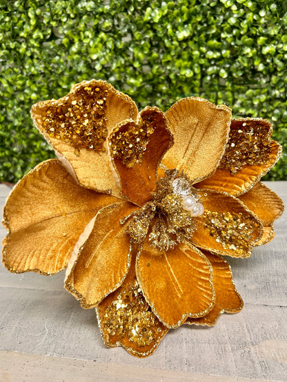 22 Inch Gold Glitter Sequin And Bead Magnolia Spray