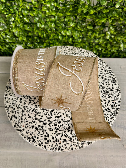 2.5 Inch By 9.9 Yard Natural Gold And White Jesus Is The Reason On Royal Ribbon