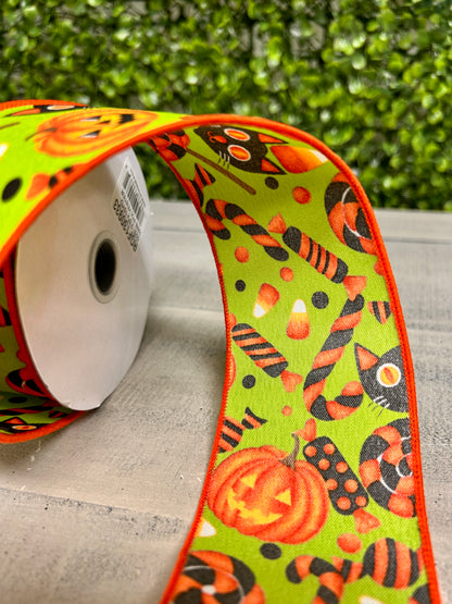 2.5 Inch By 10 Yard Halloween Pumpkin Cats And Candy On Lime Ribbon