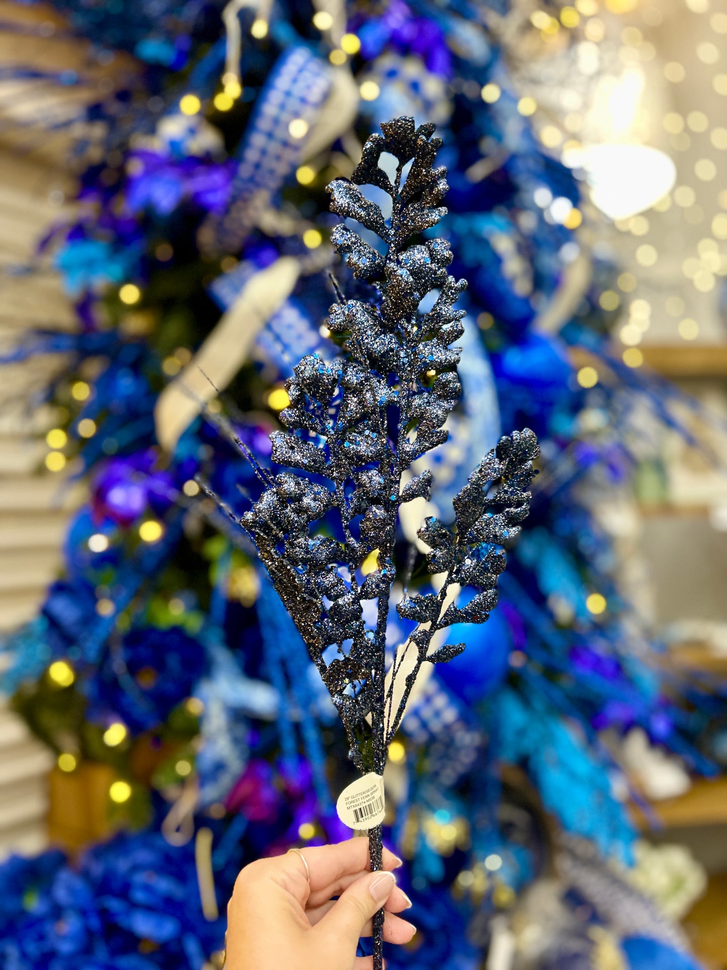 29 Inch Midnight Blue Glitter Sequin Forest Fern Spray