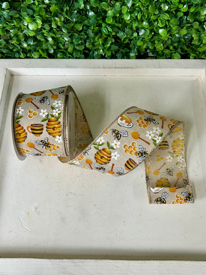 2.5 Inch By 10 Yard Working Bees With Flowers On Natural Background Ribbon