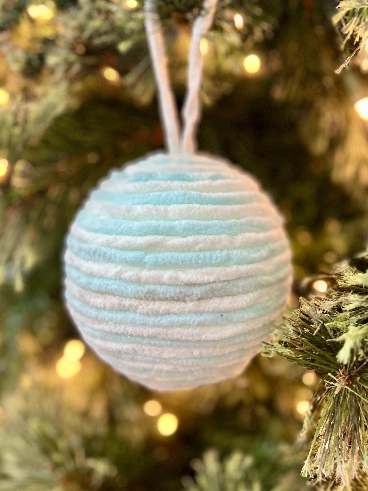 4.5 Inch Chenille Ball Ornament Blue And White