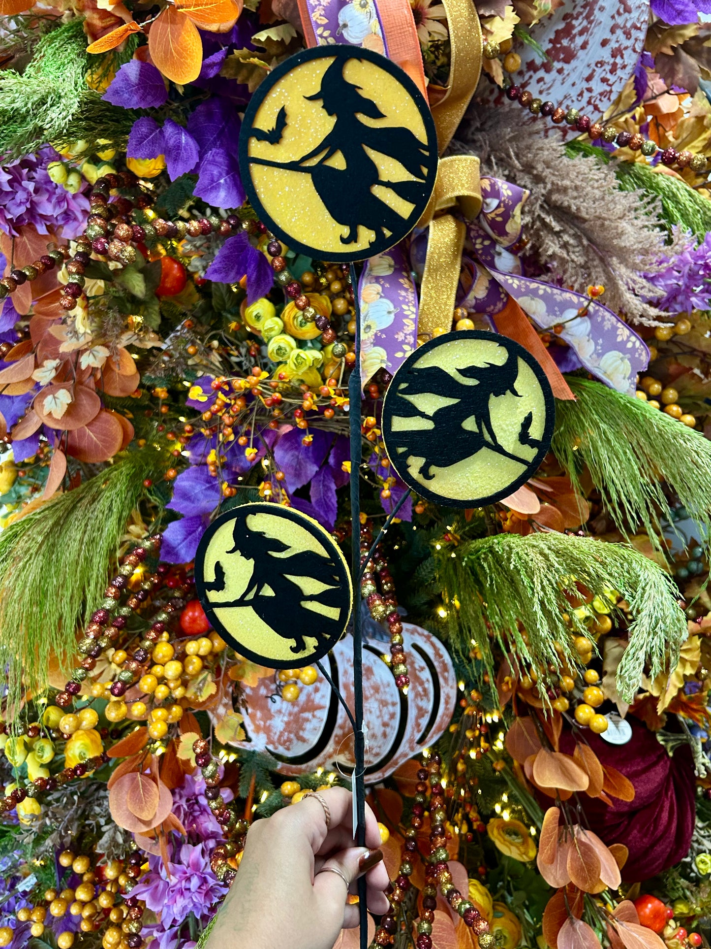 30 Inch Black And Yellow Glitter Felt Flying Witch Spray